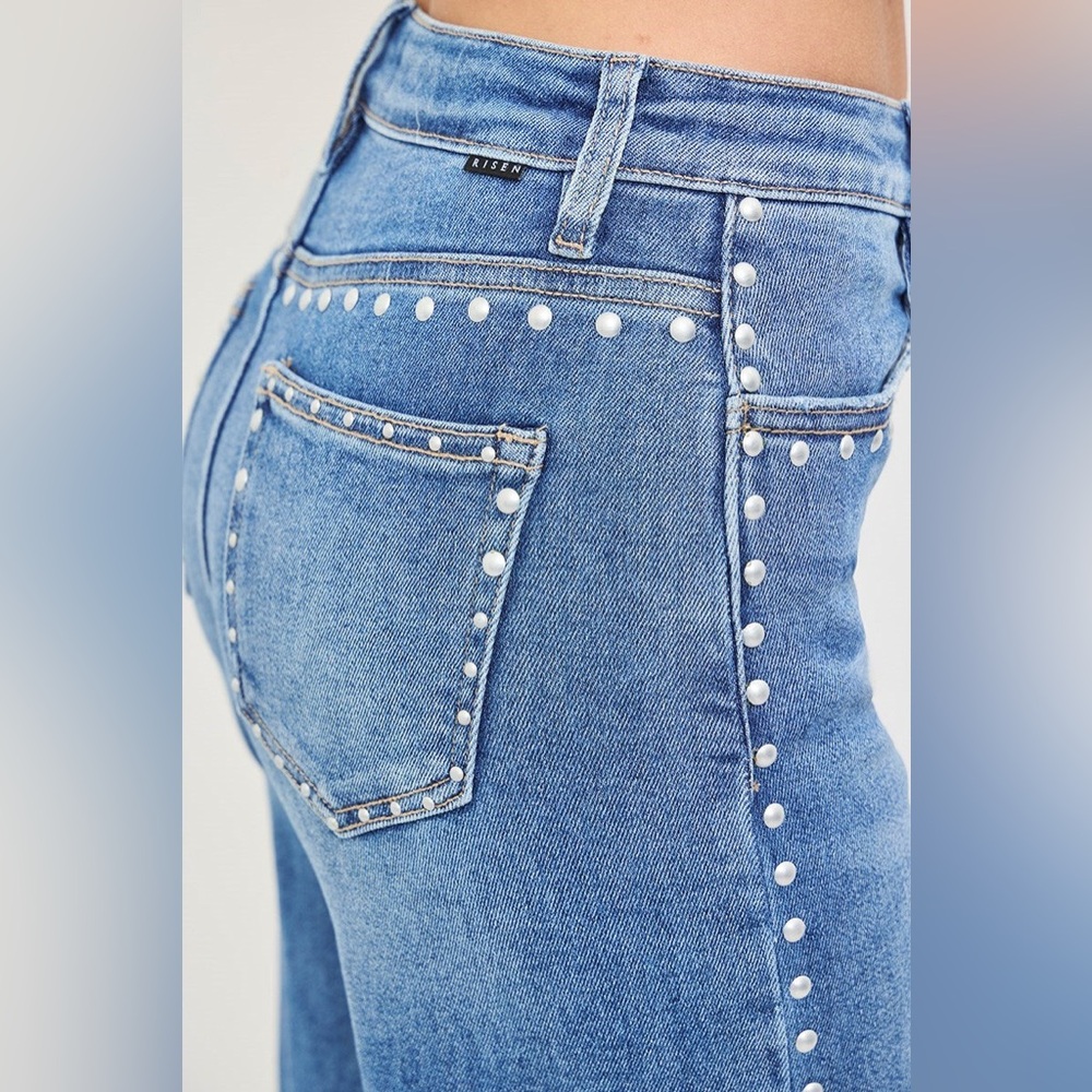 Studded Wide Leg High Rise Jeans - Risen - Picture 2 of 7